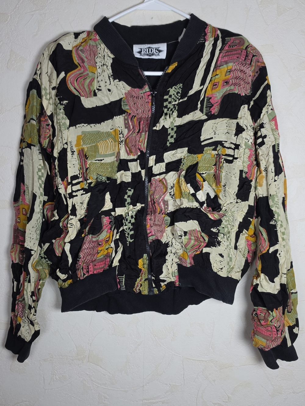 Vintage RIDE Abstract Art Print Bomber Jacket Streetwear 80s 90s Retro Large